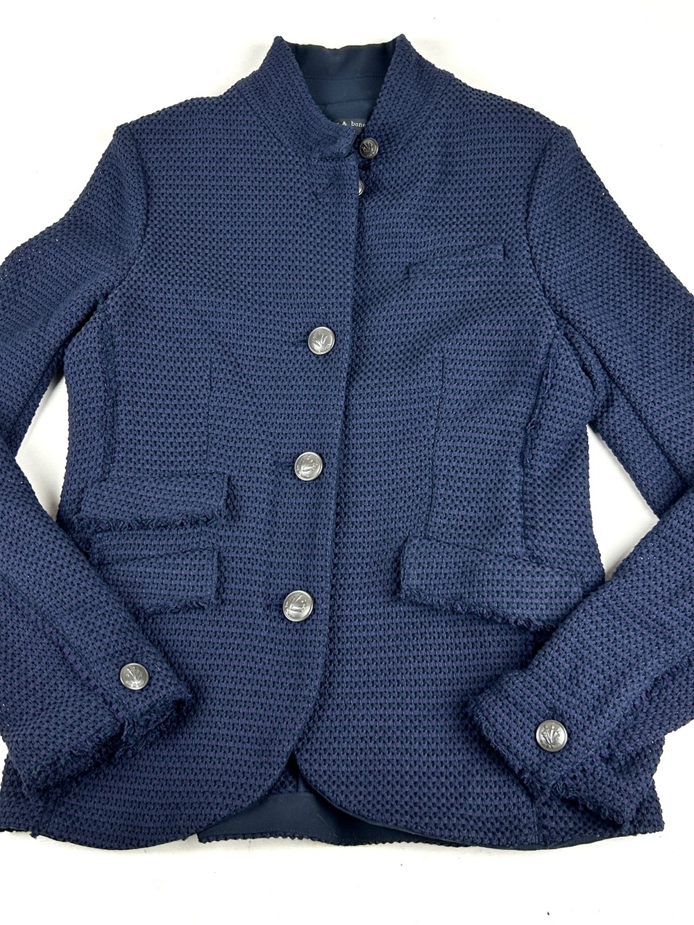 Rag & Bone Womens textured Knit Blazer Jacket size 4 Navy Blue Button